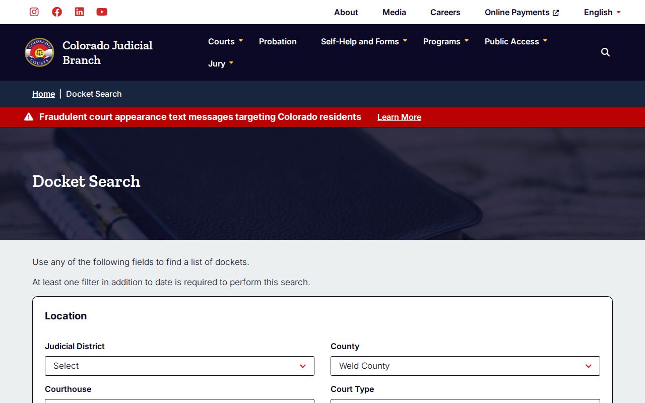 Weld County outstanding warrants court docket interface