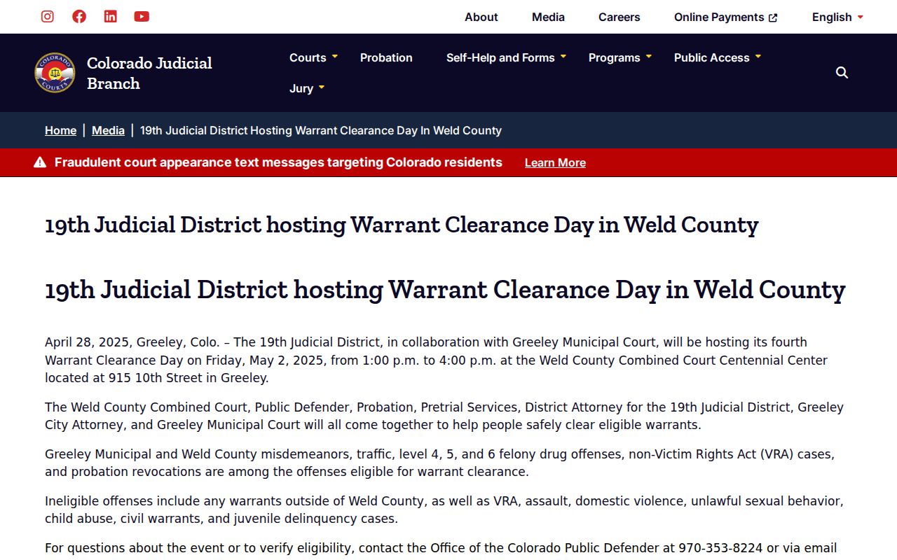 Weld County bench warrant search clearance eligibility notice