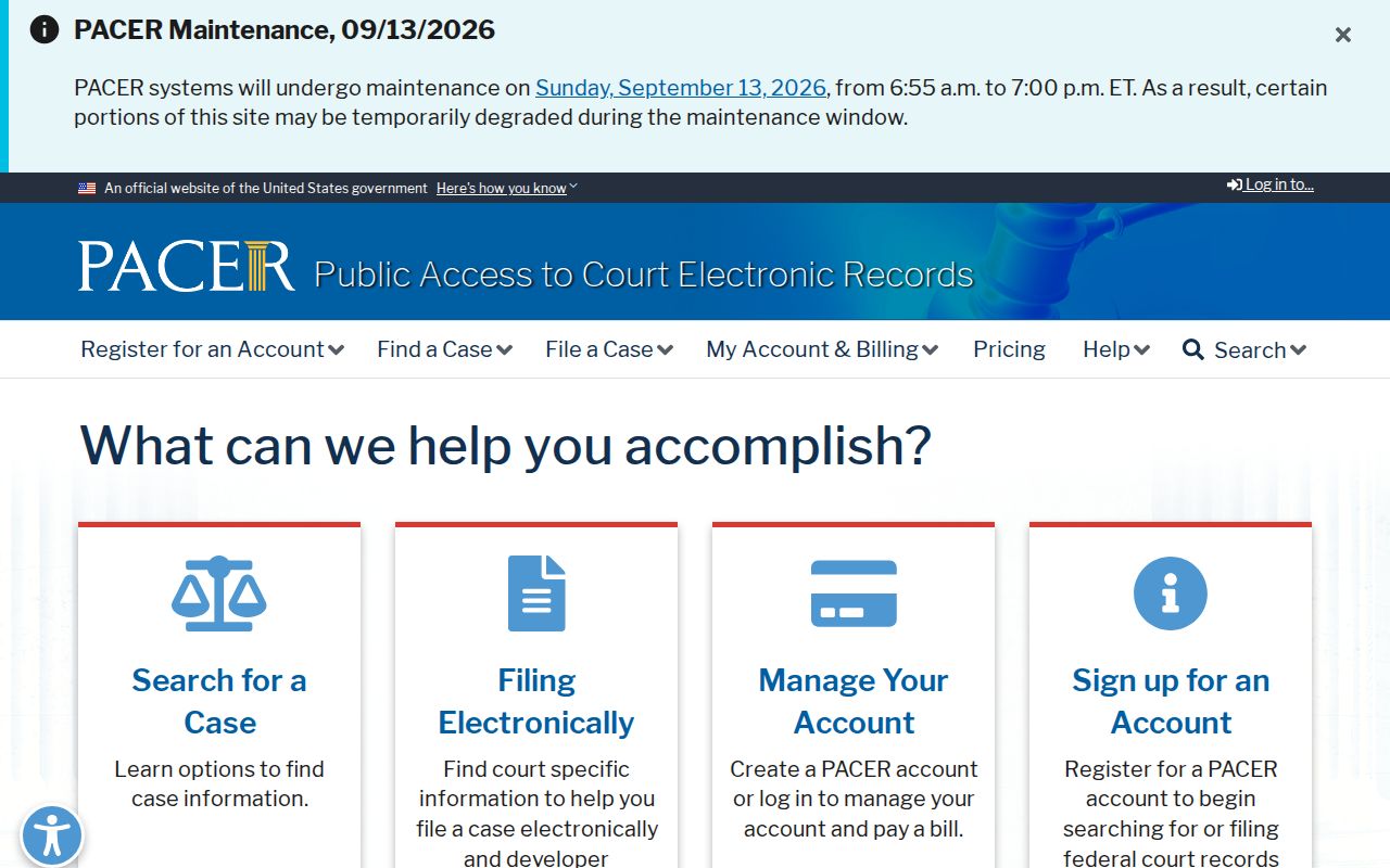 PACER federal docket search interface and access information